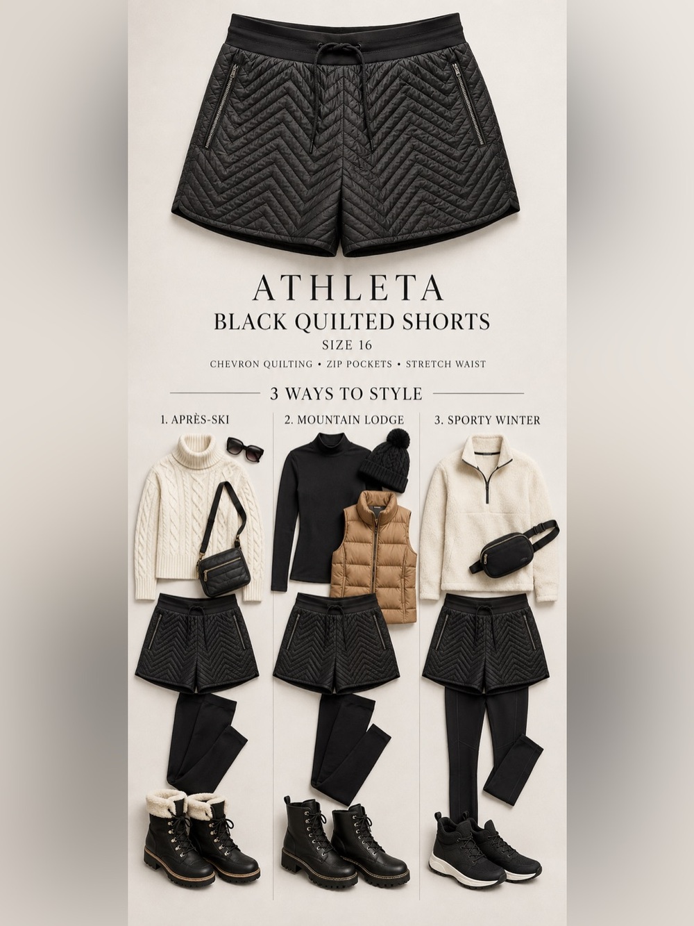 Athleta Black Chevron Quilted Après-Ski Shorts Size 16